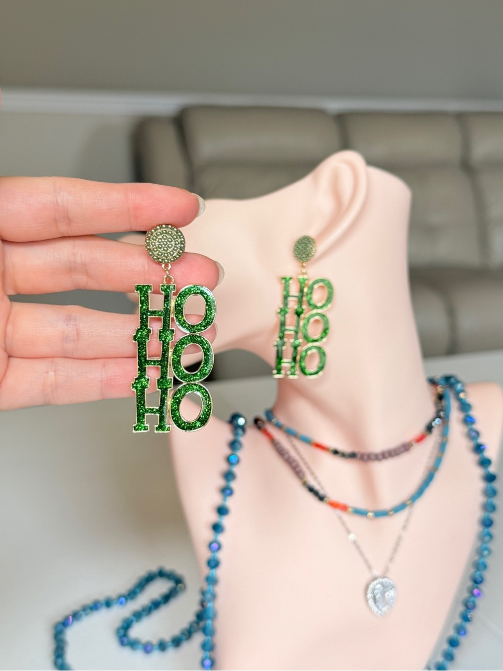 Holiday "HO HO HO" Green Drop Earrings - Picture 3 of 9